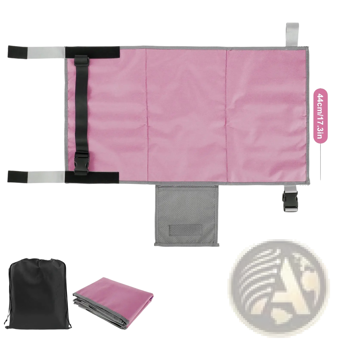 Pink and gray toddler airplane seat extender travel footrest with adjustable straps and portable storage bag for easy carrying