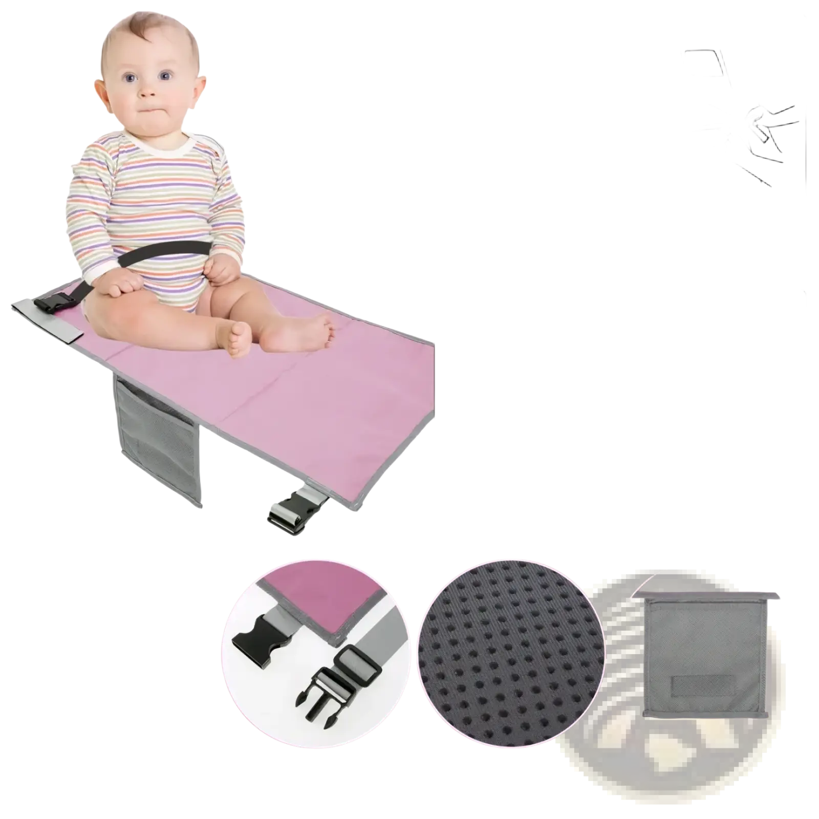 Toddler airplane seat extender travel footrest in pink and gray with adjustable straps non-slip grip and bottle holder