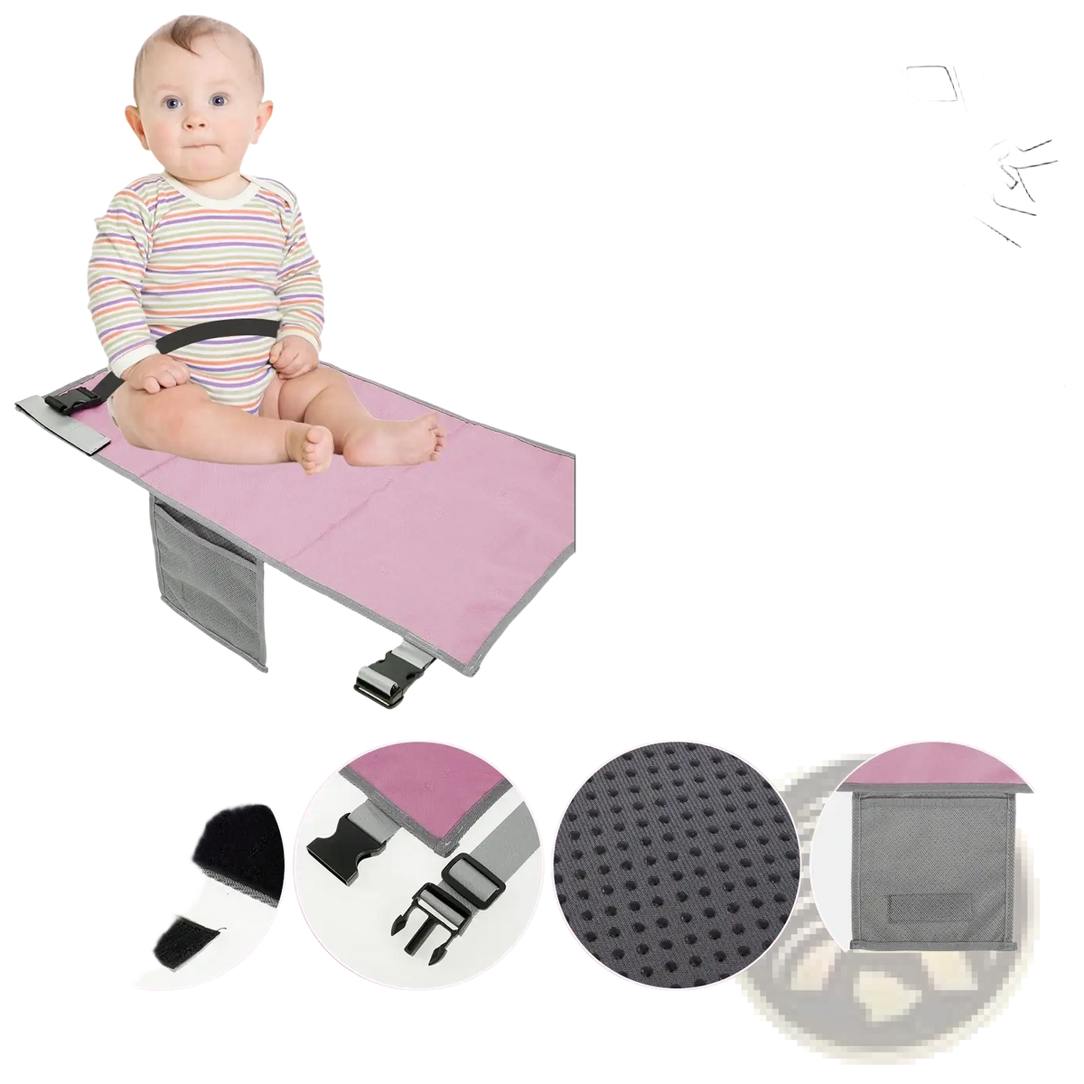 Toddler airplane seat extender travel footrest in pink and gray with adjustable straps non-slip grip and bottle holder pocket