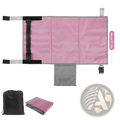Pink toddler airplane seat extender travel footrest with gray trim and black adjustable straps for easy carrying