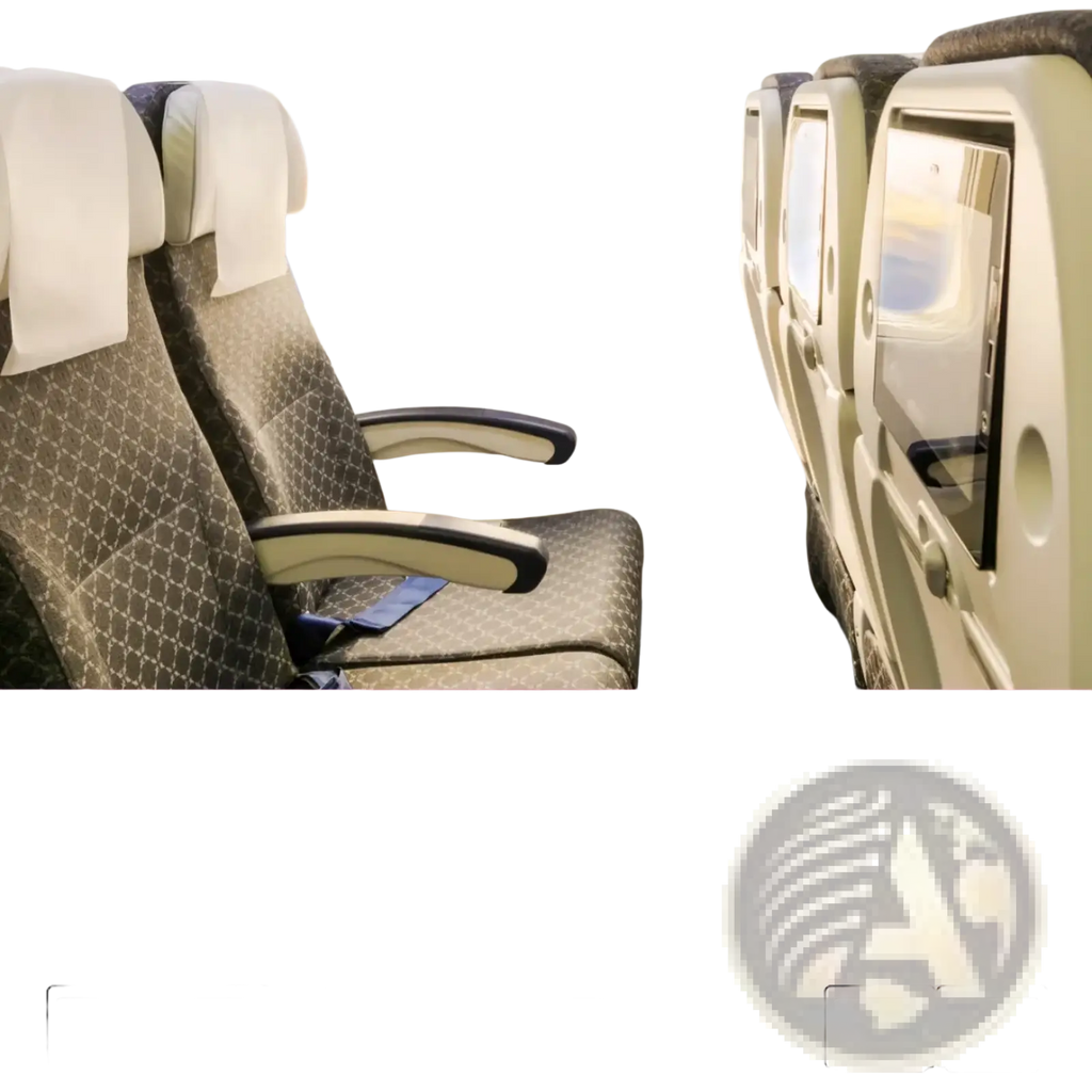 Toddler airplane seat extender travel footrest with patterned fabric cushion and white headrest covers on window seat