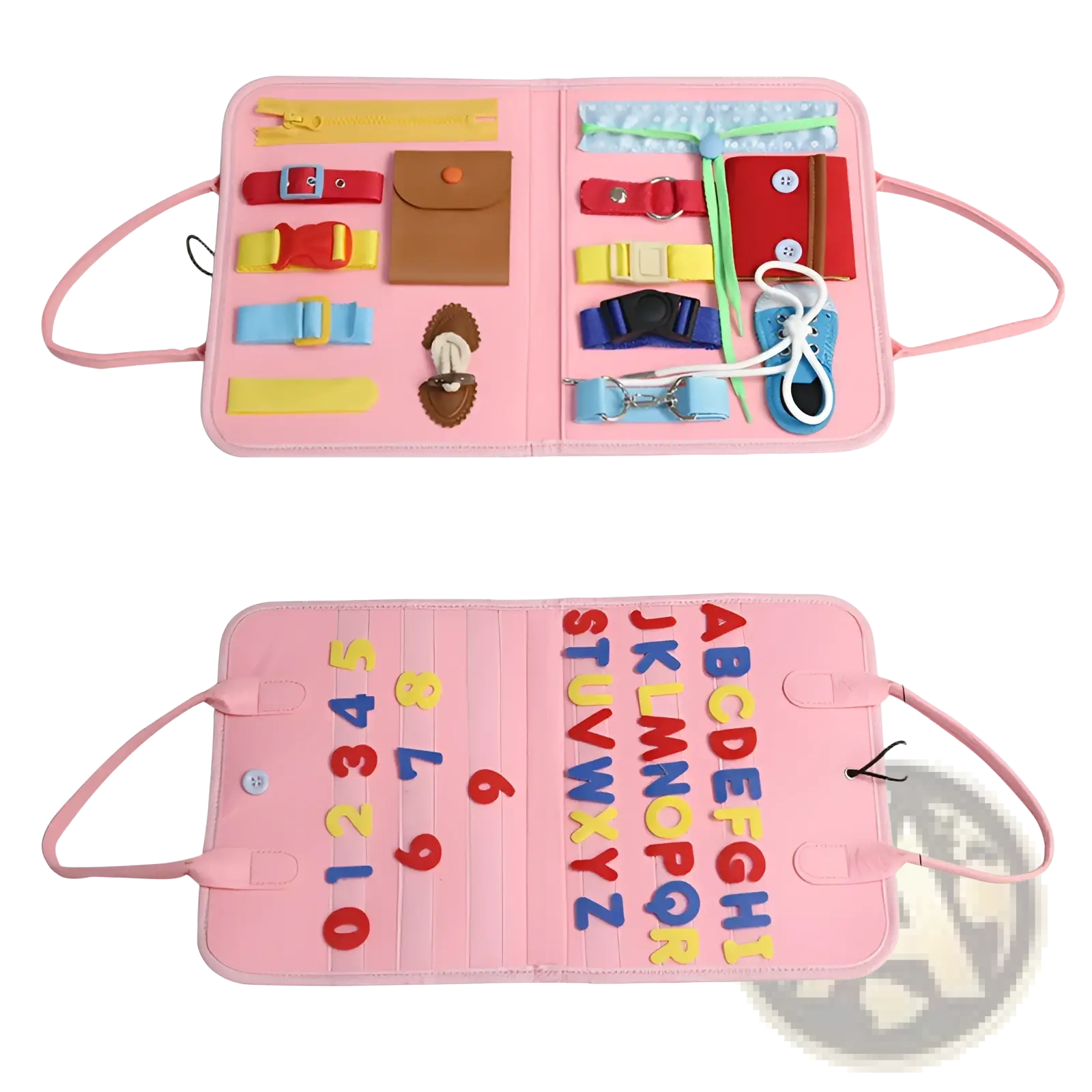 Toddler busy board sensory felt learning toy in pink with colorful fabric buckles zippers and alphabet number tiles