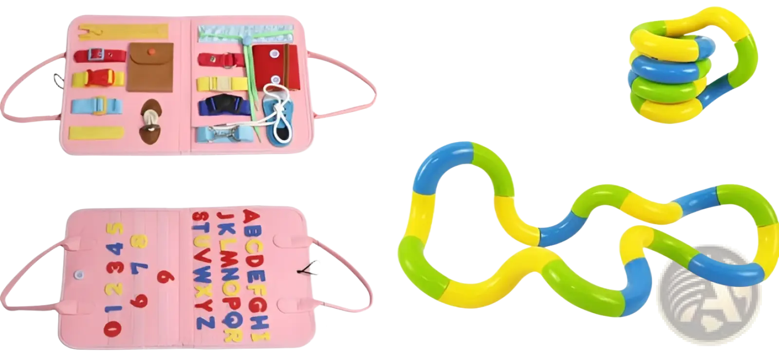 Pink felt toddler busy board sensory learning toy with colorful fabric buckles buttons and alphabet number cards