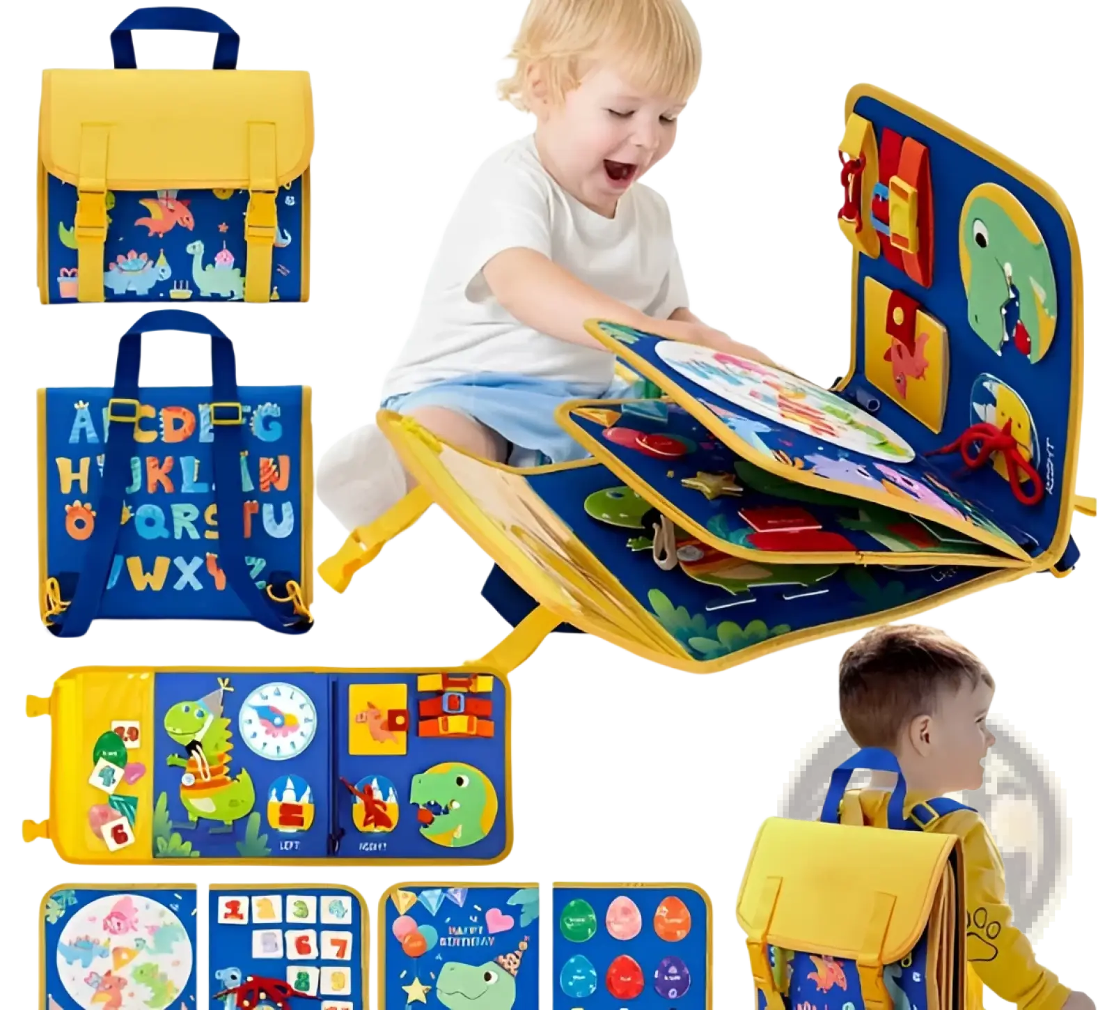 Yellow and blue dinosaur-themed toddler busy board sensory felt learning toy backpack with pockets and velcro closures