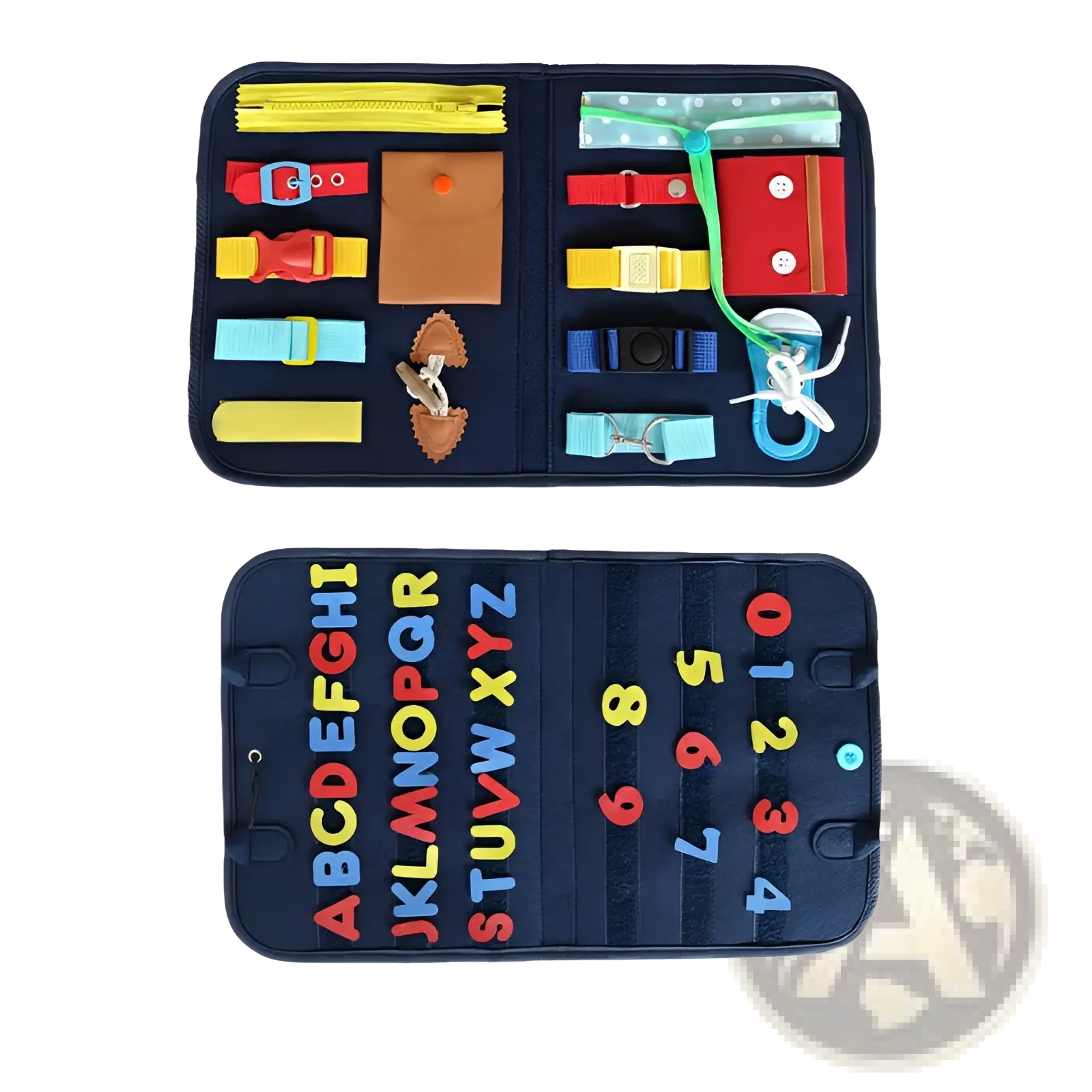 Navy blue fabric toddler busy board sensory felt learning toy with colorful zippers buckles buttons and alphabet pieces
