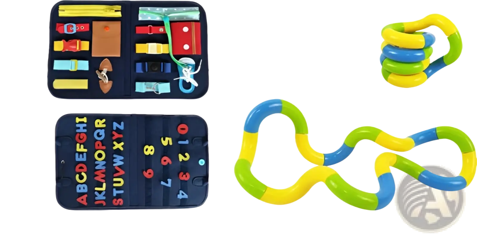 Toddler busy board sensory felt learning toy with navy blue fabric fidget organizer and colorful segmented stress relief toys