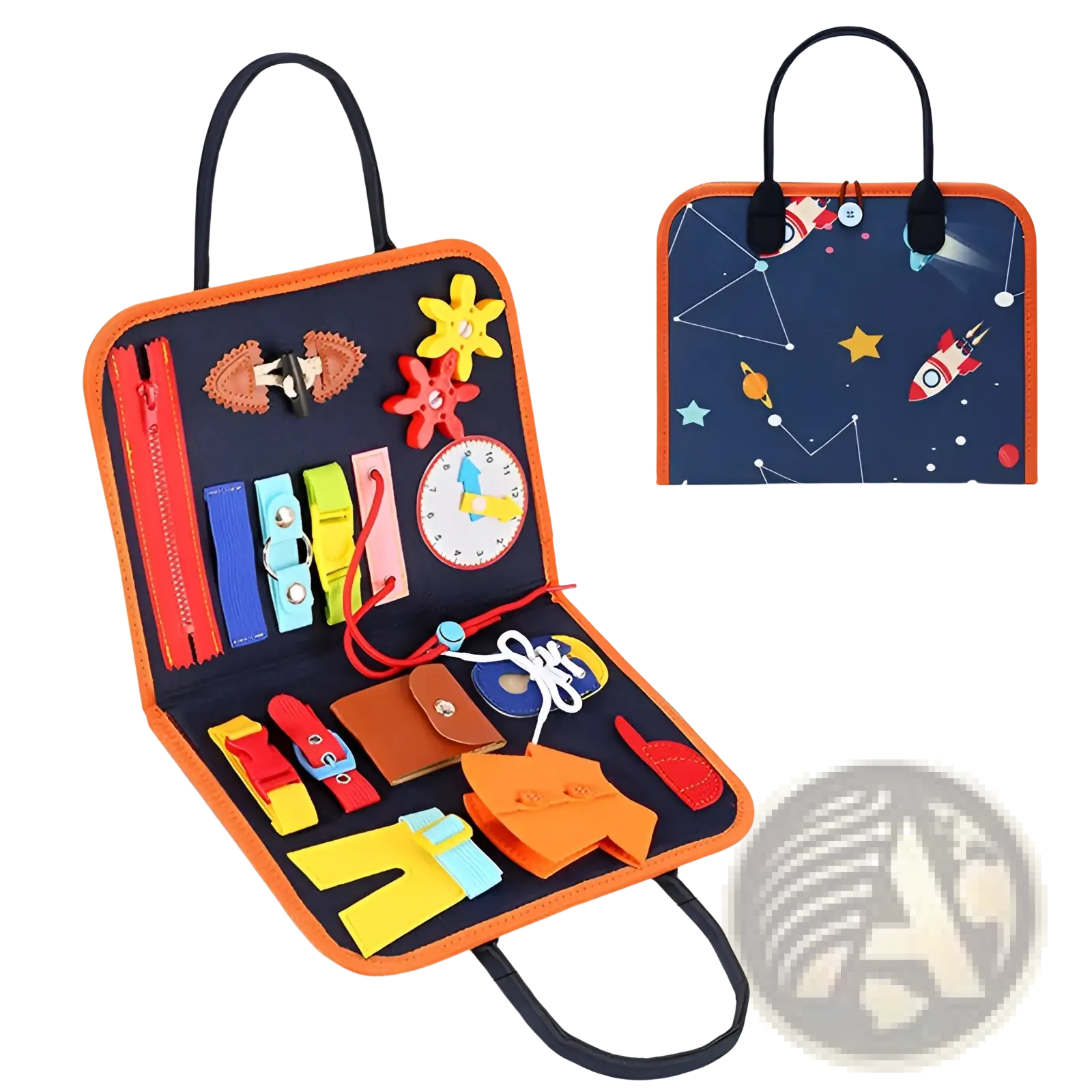Navy blue and orange felt toddler busy board sensory learning toy with space-themed rockets stars and constellations design