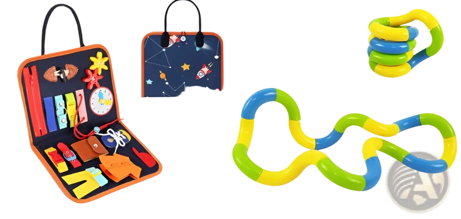 Colorful flexible fidget toy made of segmented blue and yellow plastic for toddler busy board sensory learning