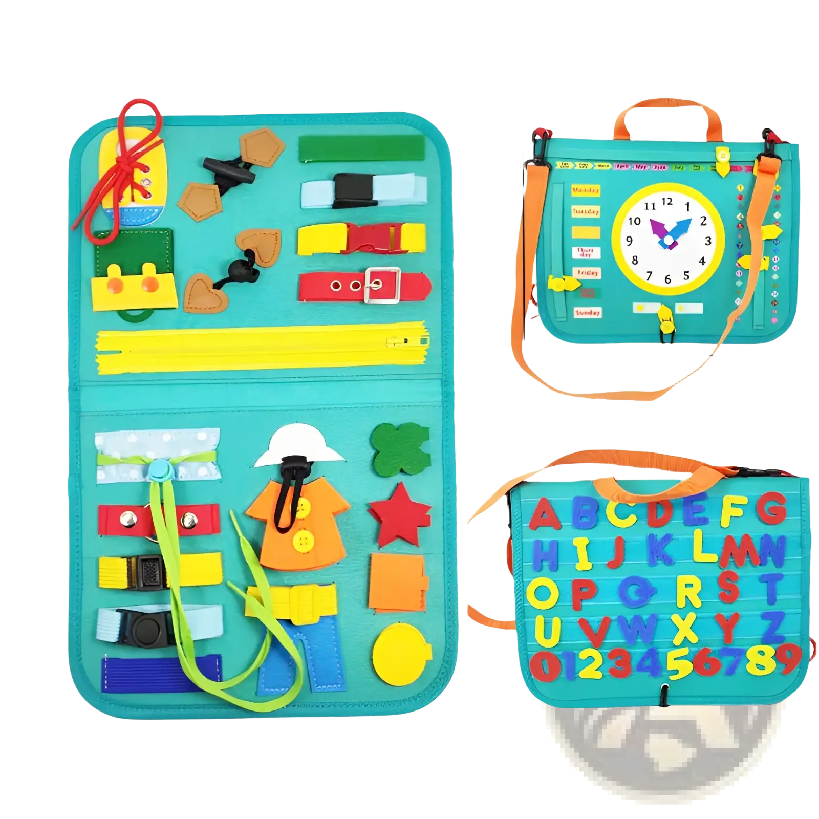Teal felt toddler busy board sensory learning toy with colorful fabric pieces and matching zippered bag with alphabet designs