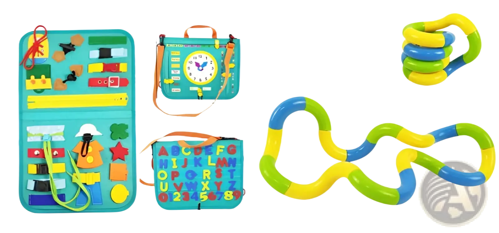 Turquoise toddler busy board sensory felt learning toy with letters numbers and shapes on fabric panels for education