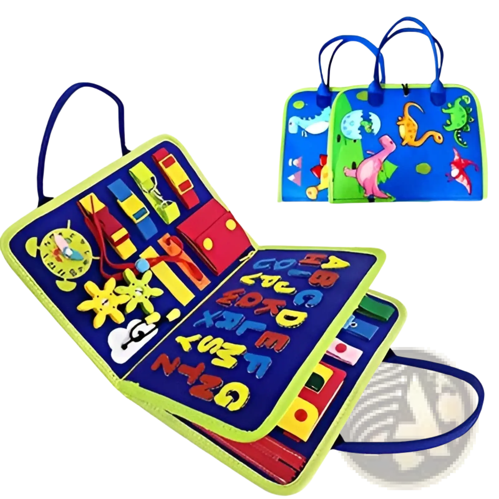 Blue and green dinosaur-themed toddler busy board made of felt with colorful letters numbers shapes and a clock