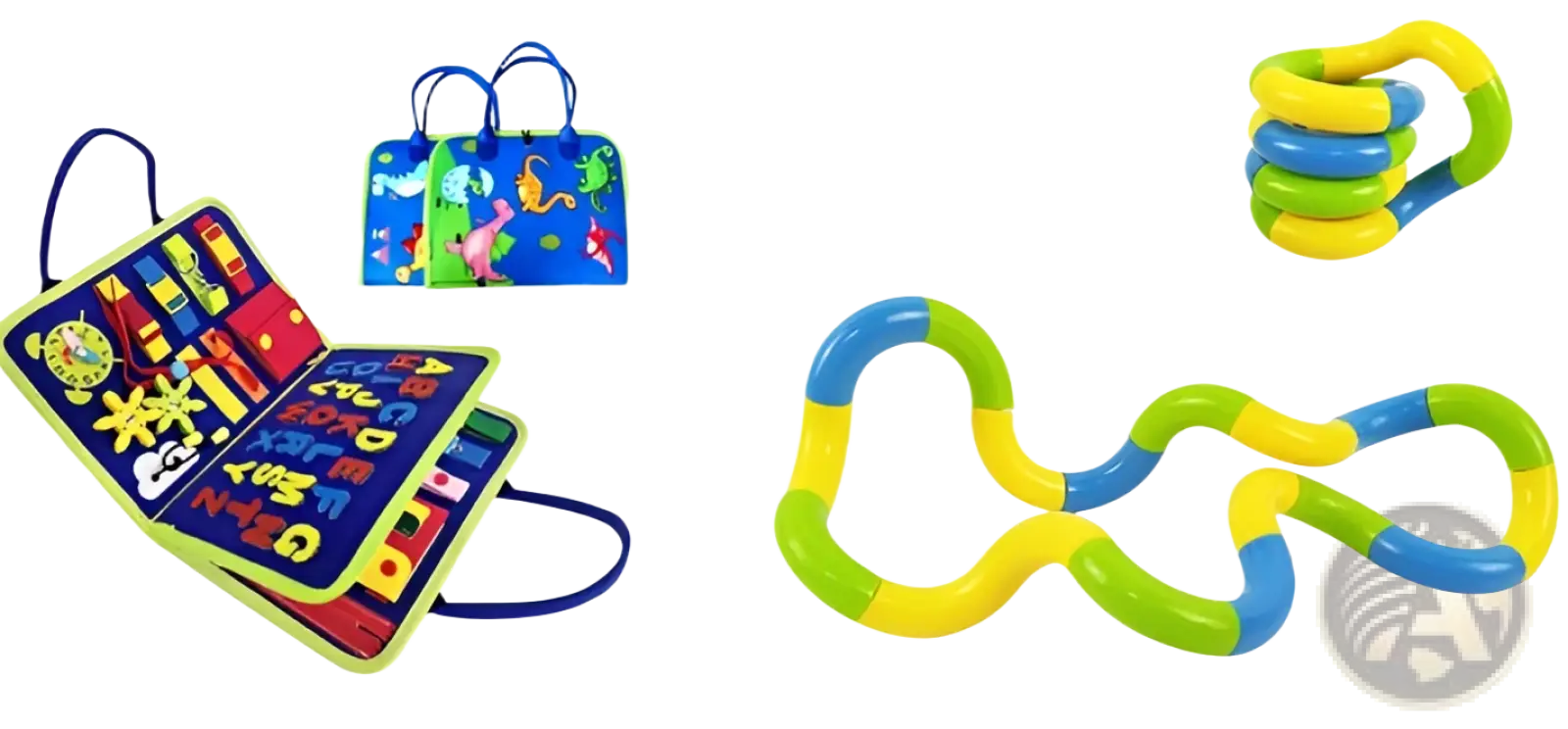 Brightly colored flexible plastic fidget toy with interlocking yellow green and blue segments for toddler sensory learning