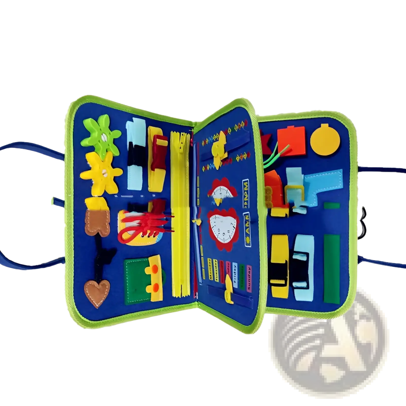 Toddler busy board sensory felt learning toy in blue with lime green trim and colorful fabric cutouts for tactile play