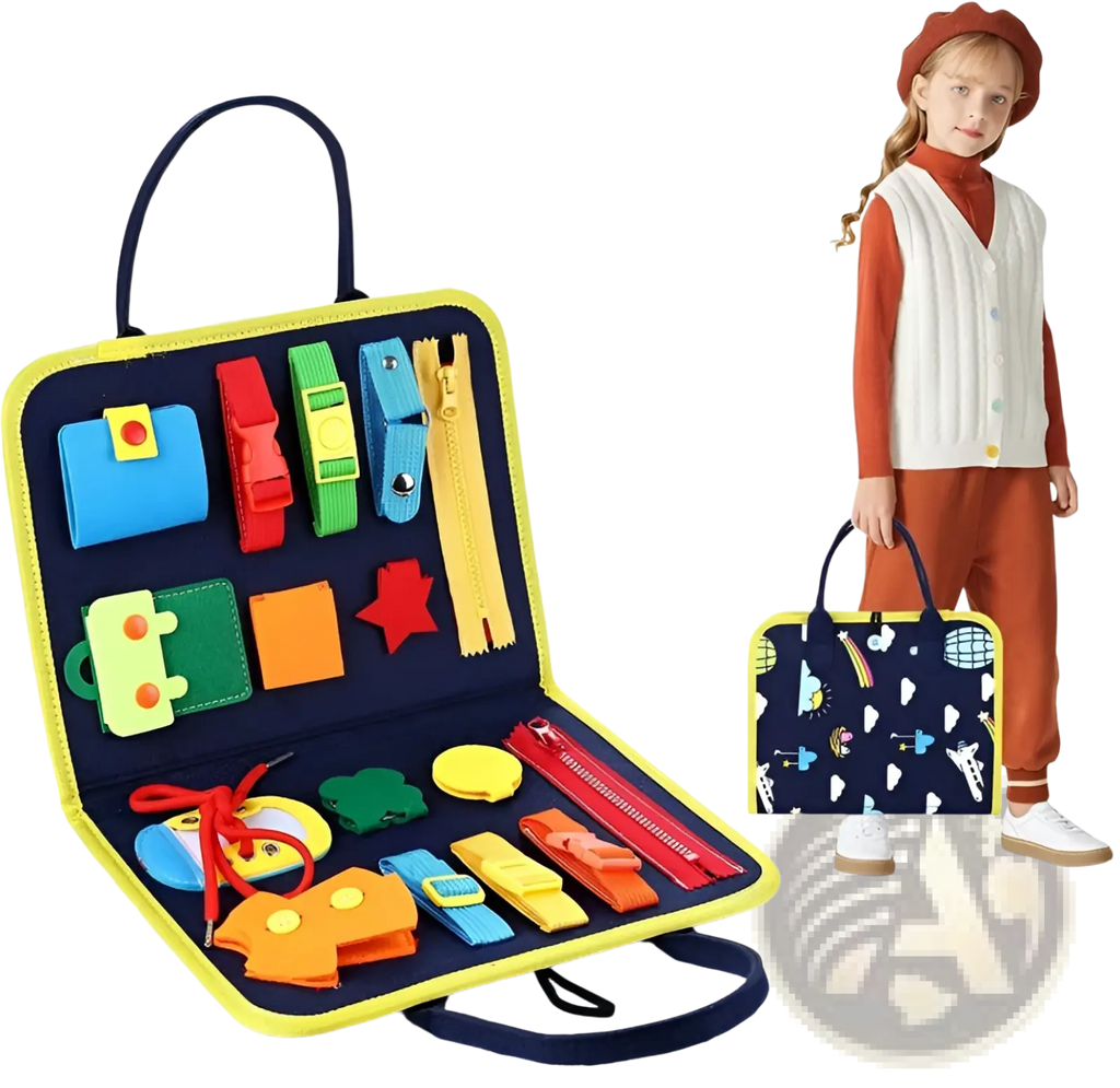 Toddler busy board sensory felt learning toy featuring colorful zippers buttons and fabric pieces for play