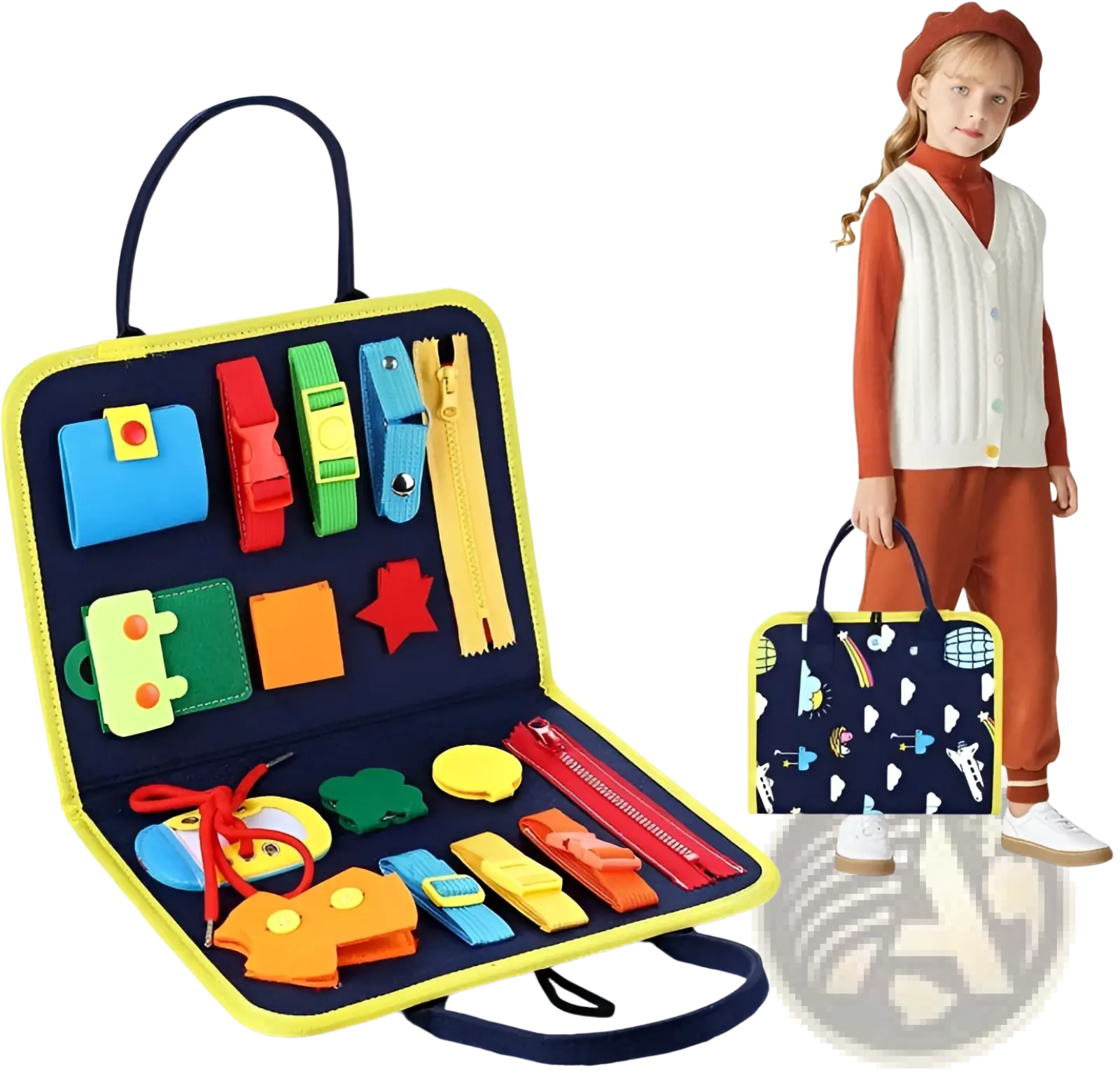 Toddler busy board sensory felt learning toy featuring colorful zippers buttons and fabric pieces for play