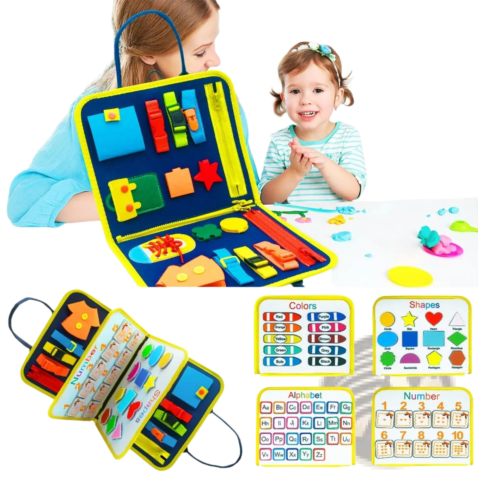 Brightly colored felt toddler busy board with zipper compartments and inserts for numbers colors shapes and alphabet learning