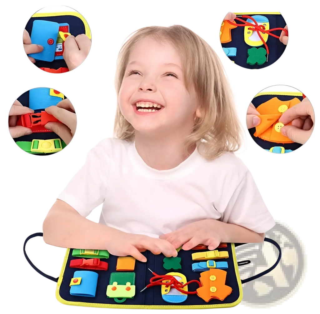 Toddler busy board sensory felt learning toy with blue and orange fabric and colorful buttons for tactile play