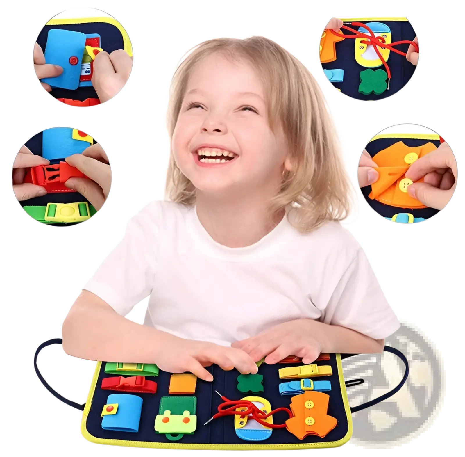 Toddler busy board sensory felt learning toy with blue and orange fabric and colorful buttons for tactile play