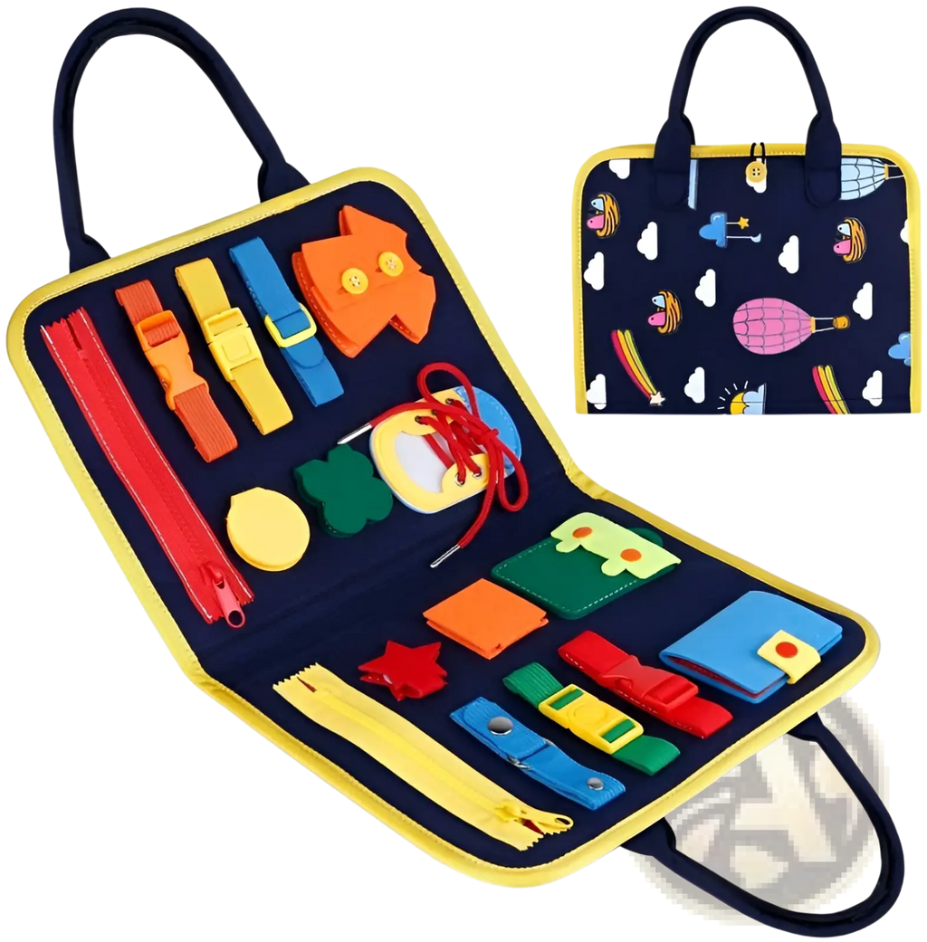 Navy blue fabric toddler busy board sensory felt learning toy with yellow trim and colorful tactile elements