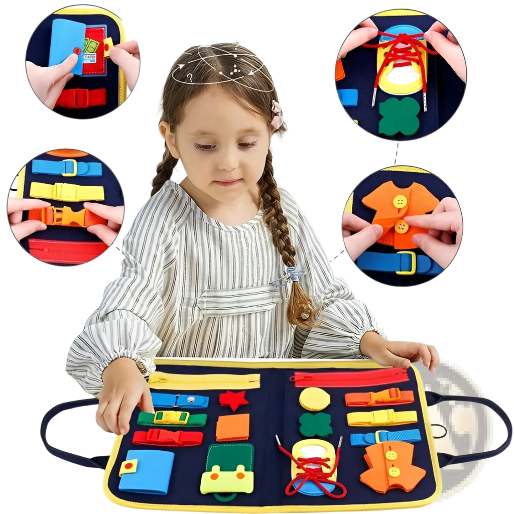 A navy blue toddler busy board sensory felt learning toy with colorful zippers buckles buttons and shoelaces