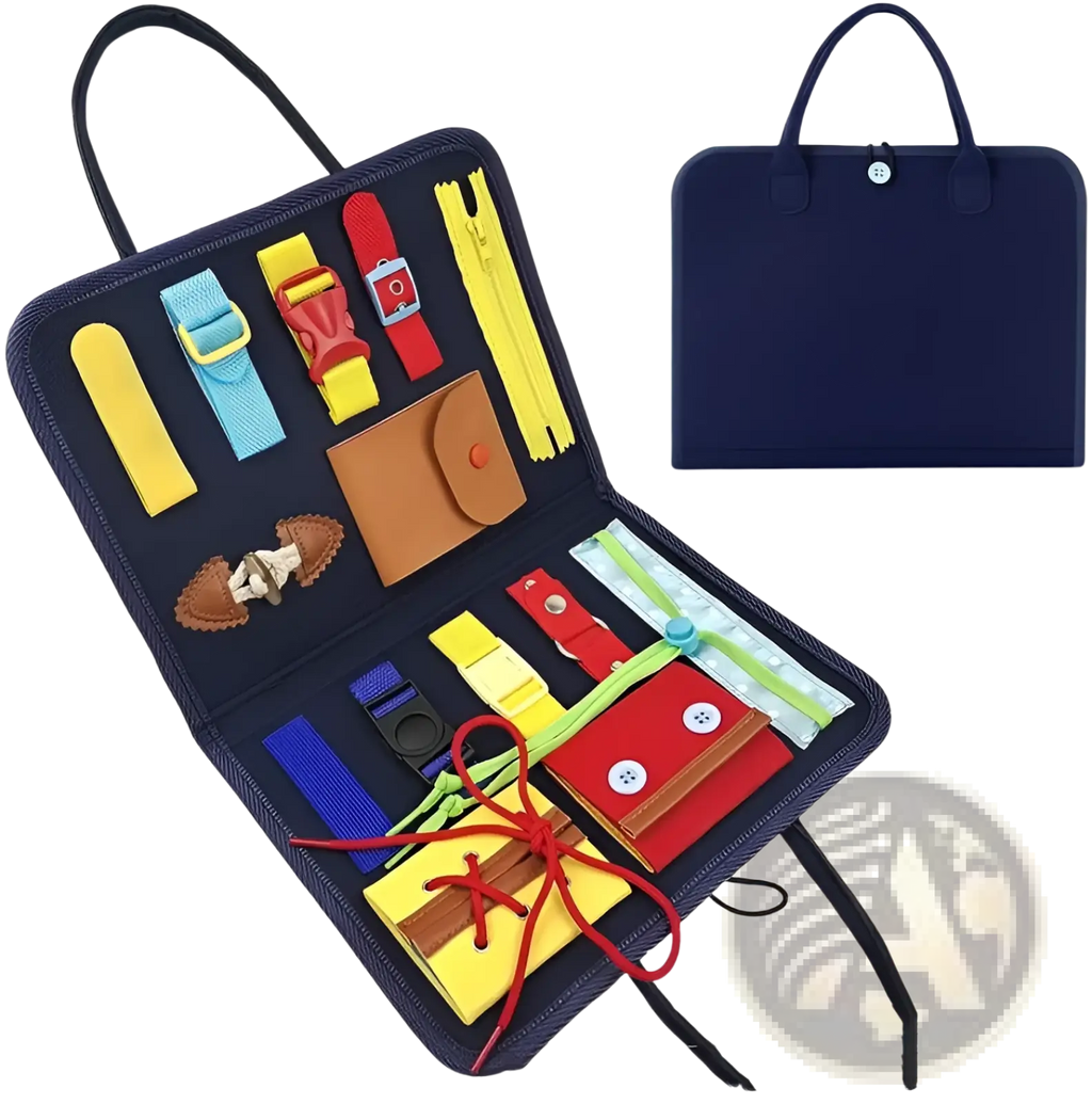Navy blue felt toddler busy board sensory toy with colorful fabric fasteners zippers and buttons for tactile play