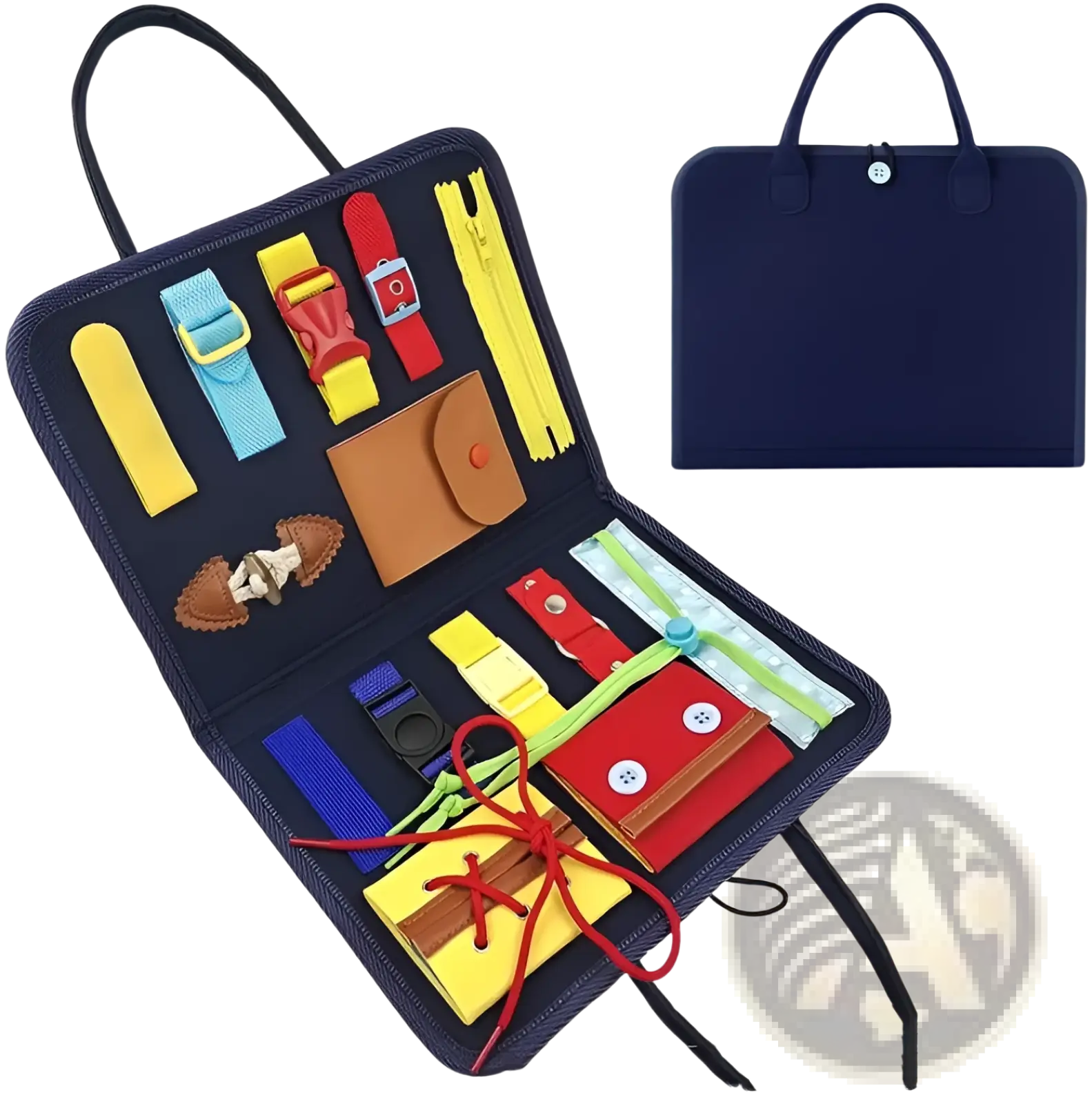 Navy blue felt toddler busy board sensory toy with colorful fabric fasteners zippers and buttons for tactile play