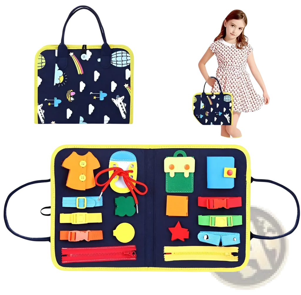 Navy blue felt toddler busy board sensory learning toy with yellow trim and colorful fasteners buttons and zippers