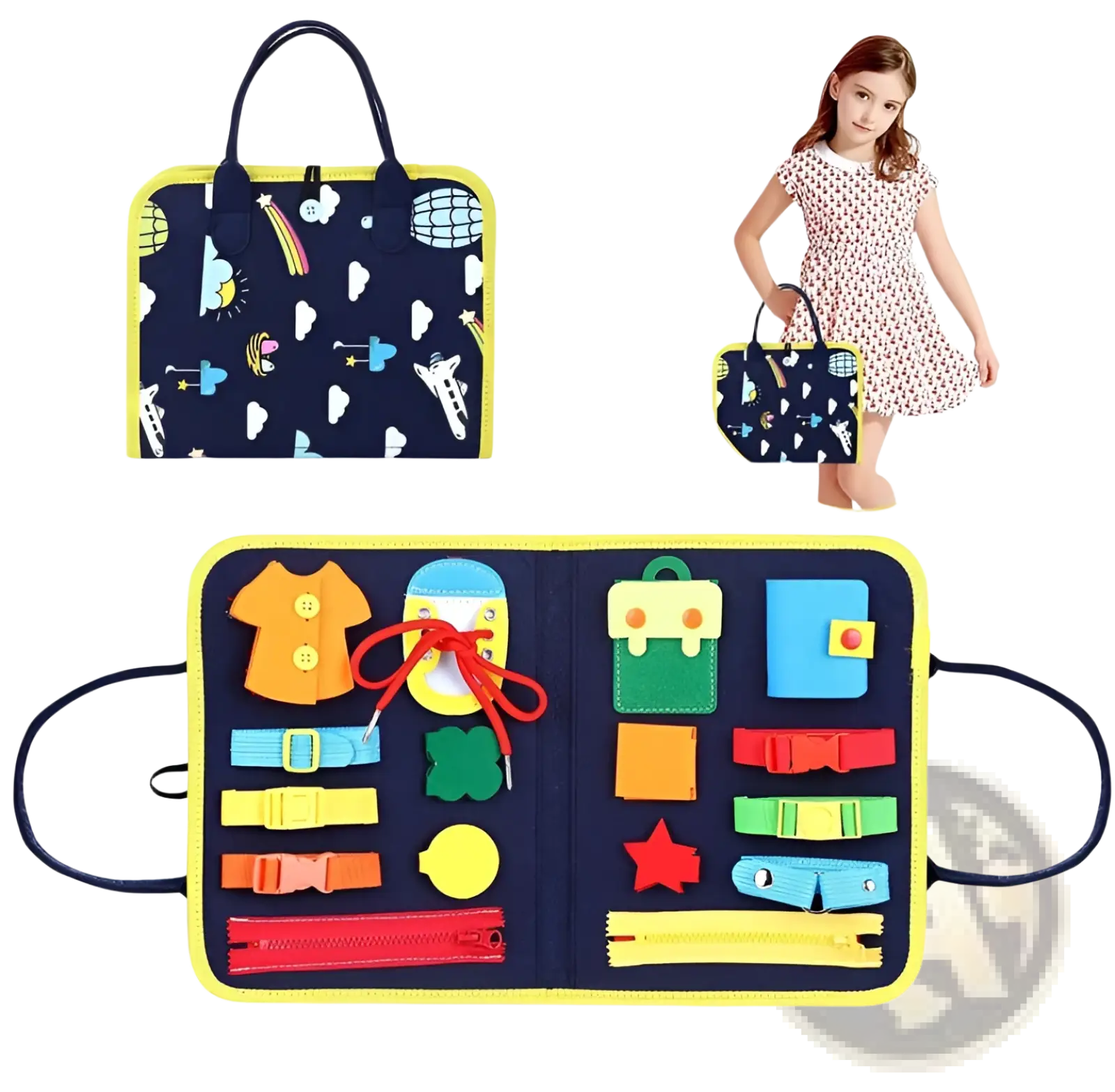 Navy blue felt toddler busy board sensory learning toy with yellow trim and colorful fasteners buttons and zippers
