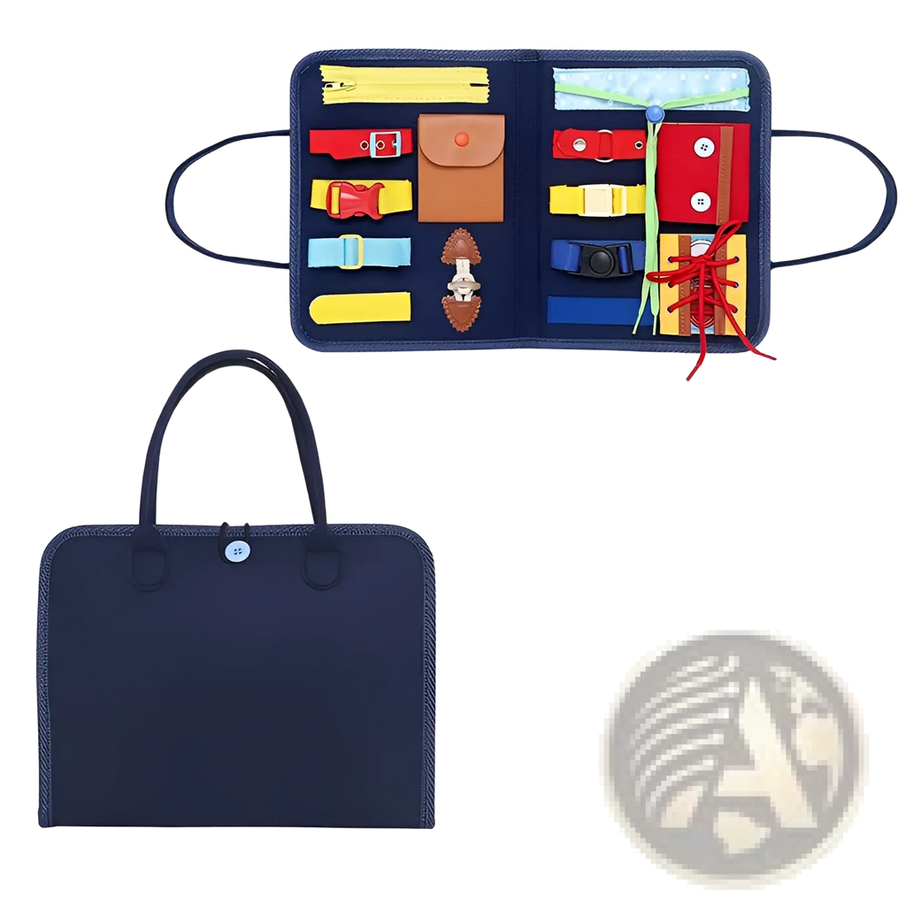 Navy blue felt toddler busy board sensory learning toy with colorful zippers buttons and laces for tactile stimulation