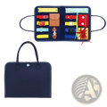 Navy blue felt toddler busy board sensory learning toy with colorful zippers buttons and laces for tactile stimulation