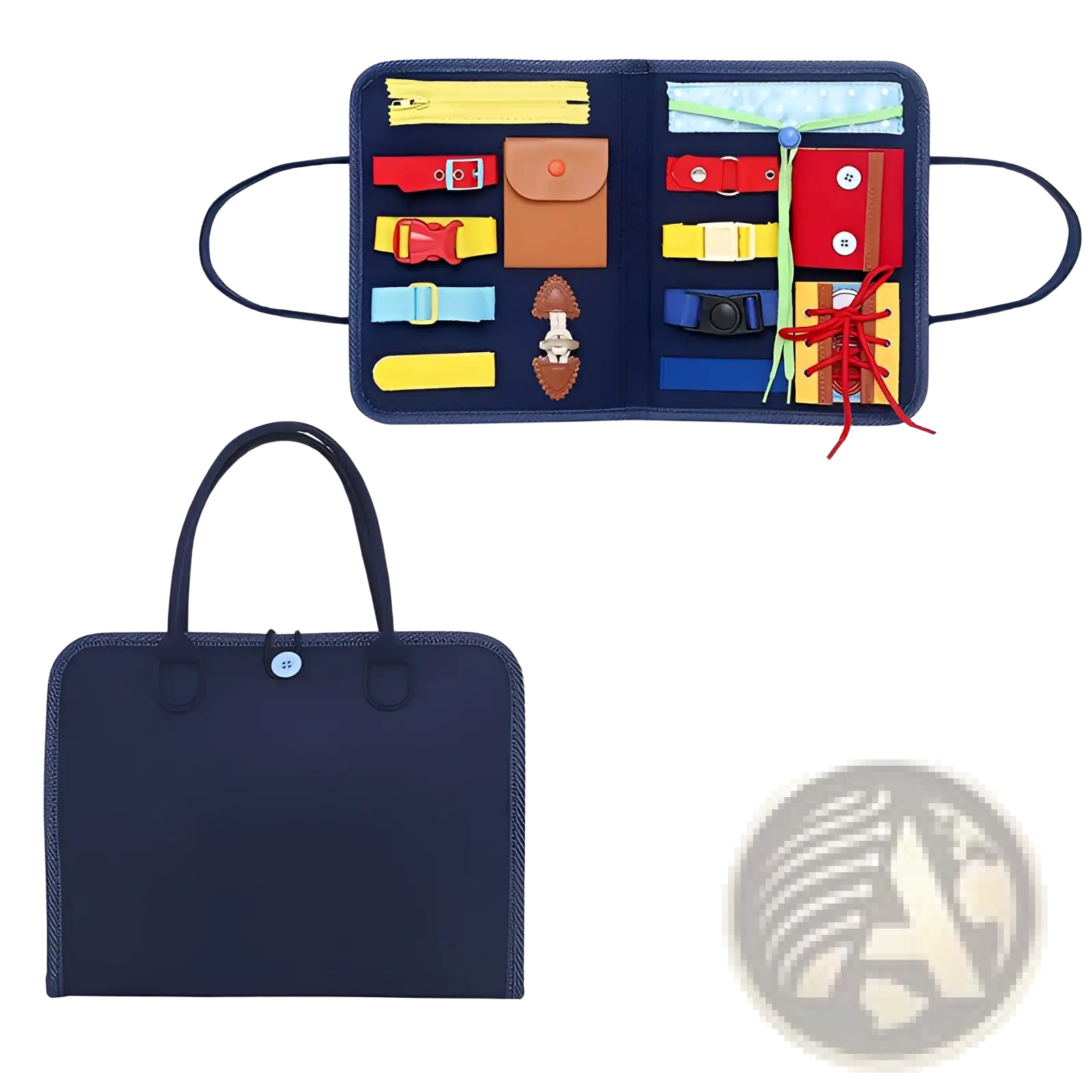 Navy blue felt toddler busy board sensory learning toy with colorful zippers buttons and laces for tactile stimulation