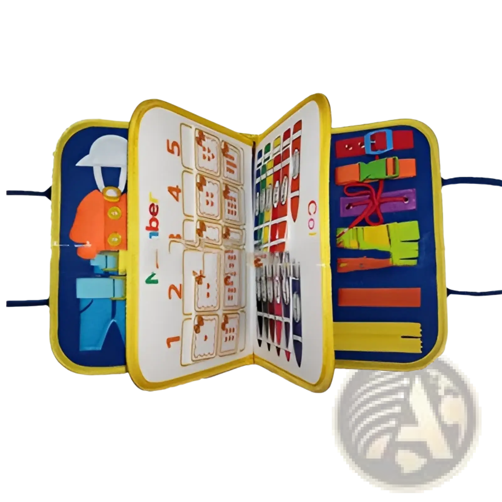 Blue and yellow toddler busy board sensory felt learning toy with colorful number cards alphabet letters and toy tools