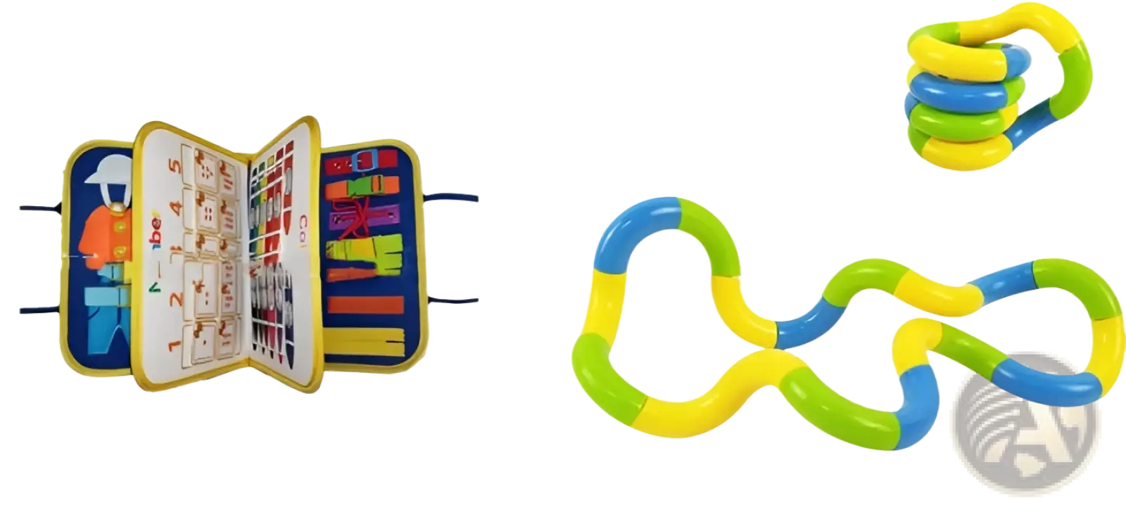 Toddler busy board sensory felt learning toy featuring a flexible plastic segmented fidget toy in yellow and blue
