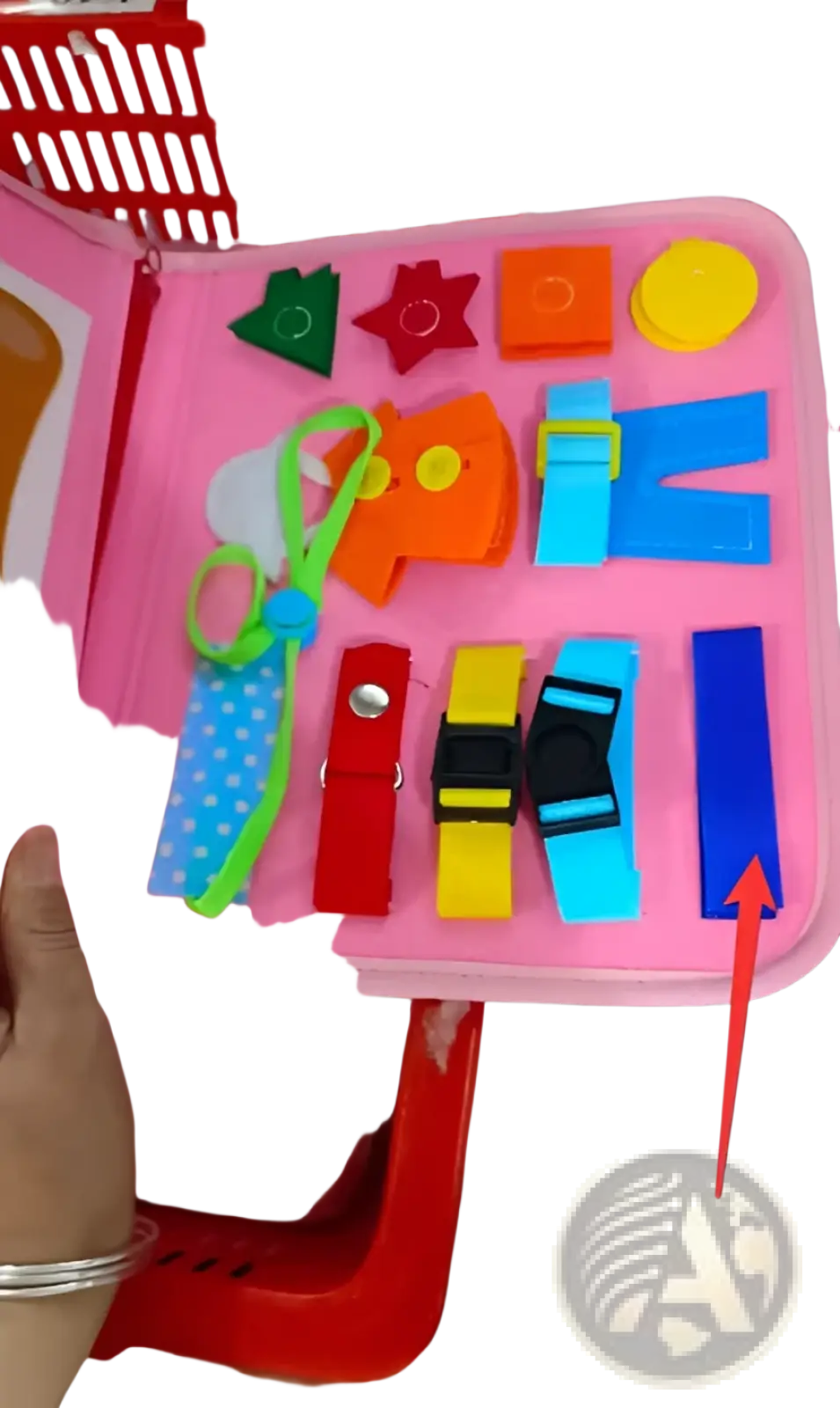 Blue rectangular plastic toy piece from toddler busy board sensory felt learning toy for early childhood development