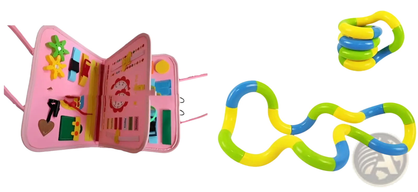 The toddler busy board sensory felt learning toy features a pink fabric book with colorful felt cutouts and segmented fidget toys