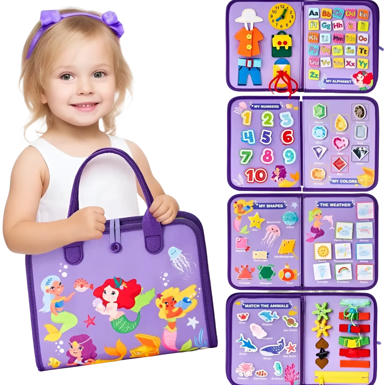 Purple mermaid-themed toddler busy board sensory felt learning tote bag with colorful cartoon decals and matching handle
