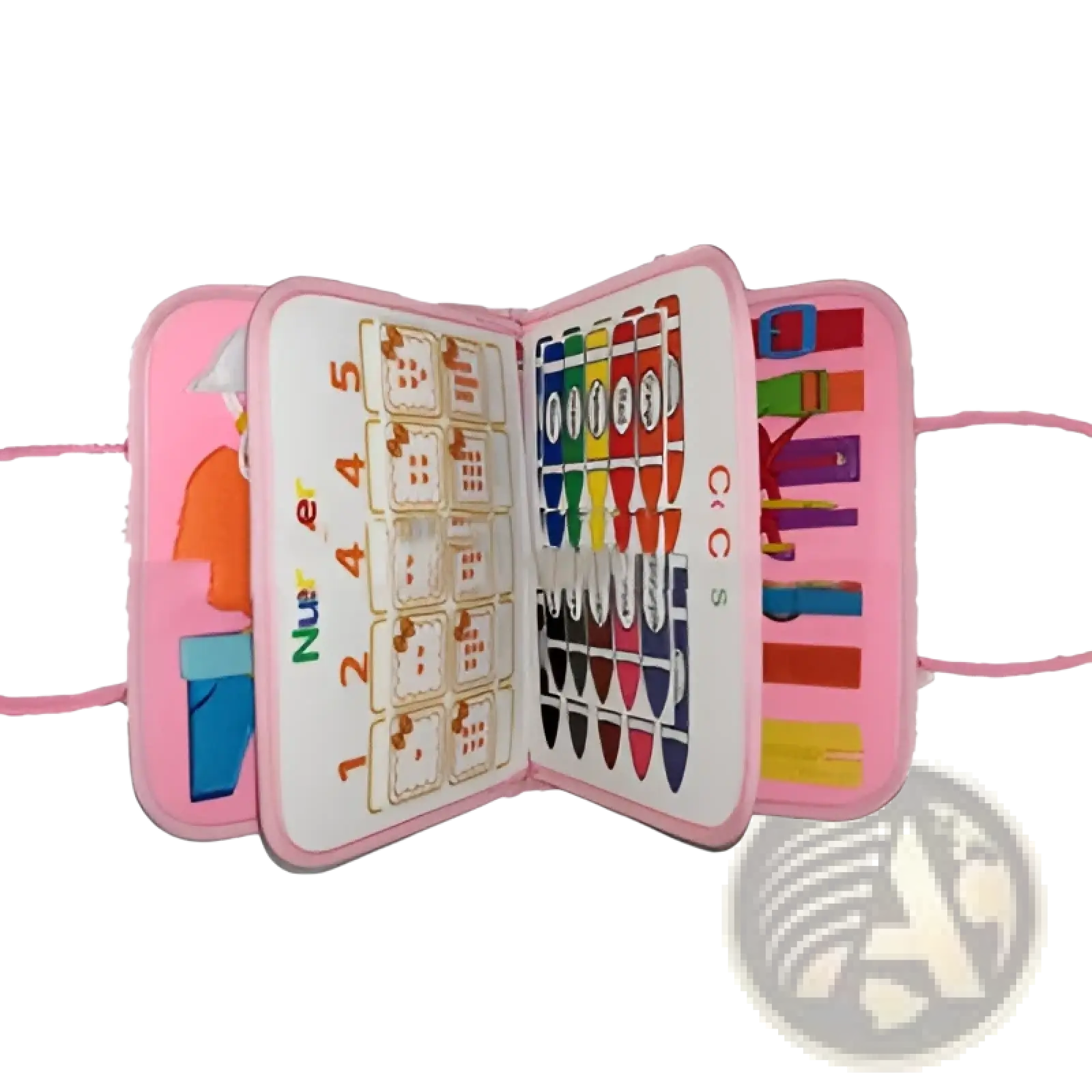 Pink toddler busy board sensory felt learning toy with colorful crayons and number cards in soft fabric case