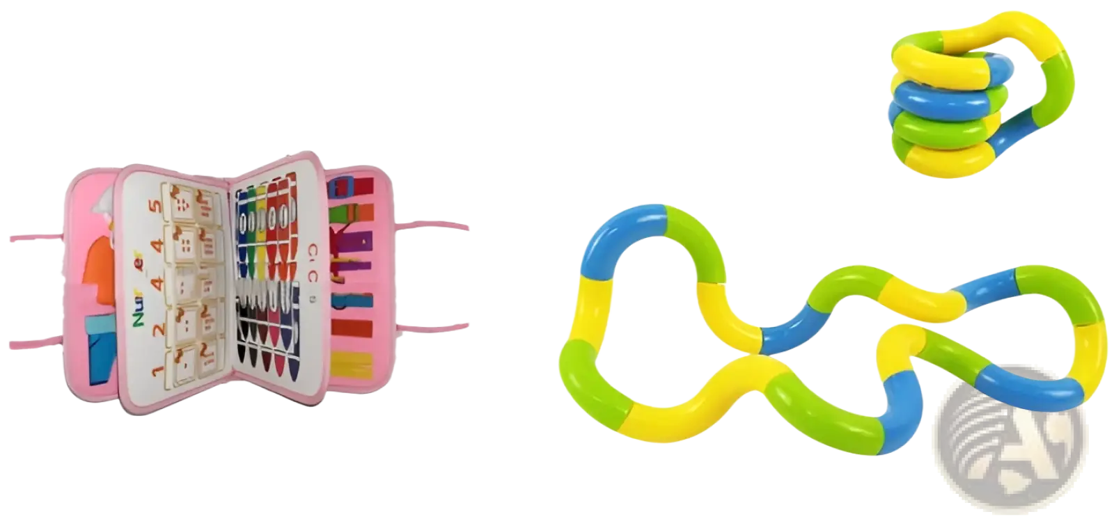 A toddler busy board sensory felt learning toy with a colorful segmented flexible plastic fidget toy in yellow and blue
