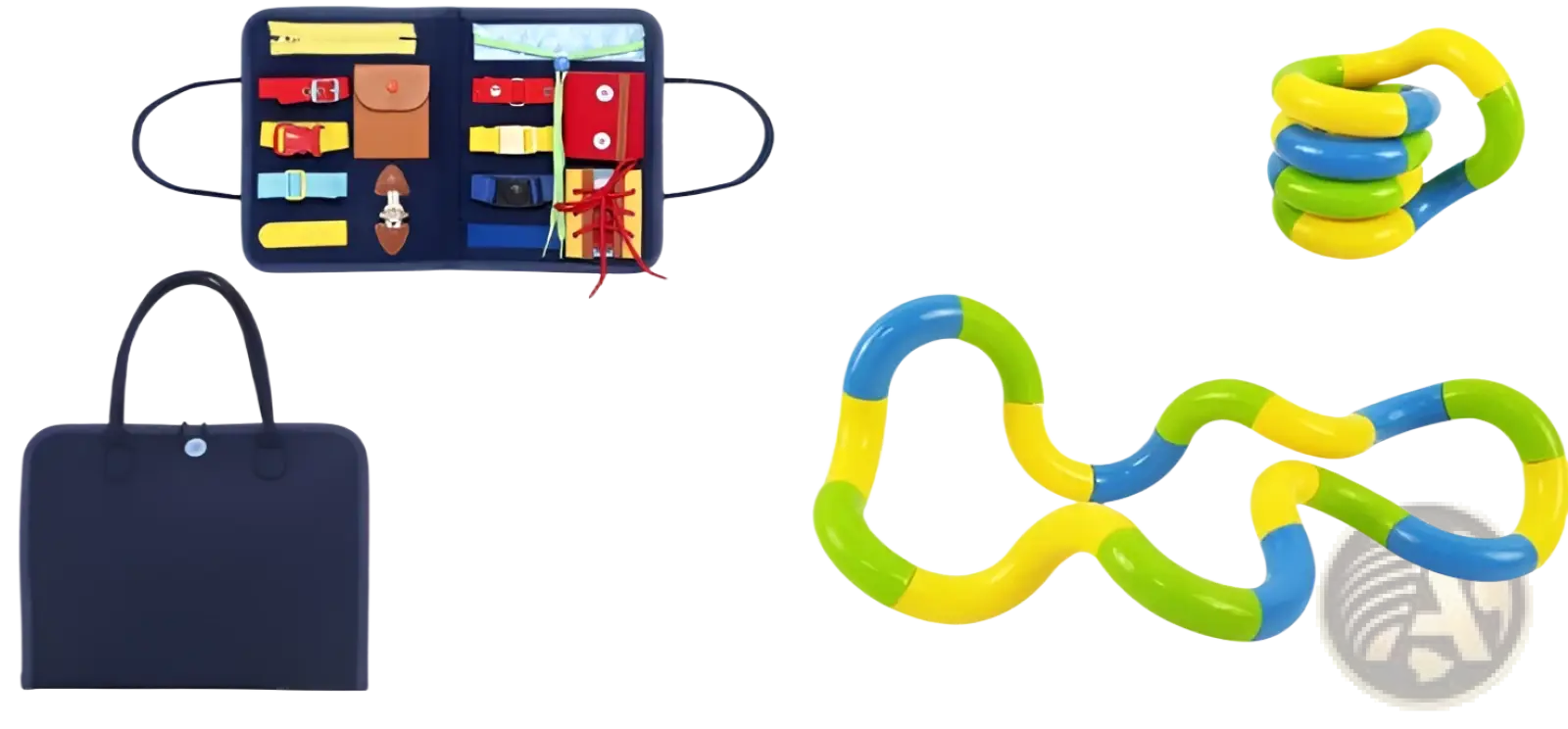 Navy blue fabric toddler busy board sensory felt learning toy with compartments holding colorful toy accessories and fidget toys