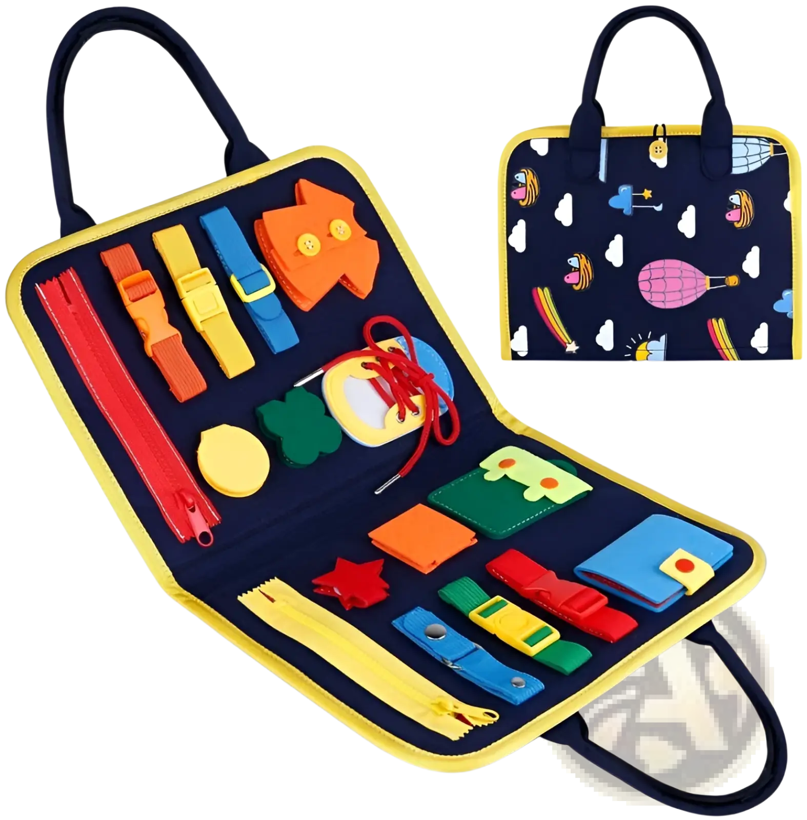 Navy blue fabric toddler busy board sensory felt learning toy with yellow trim and colorful tactile elements