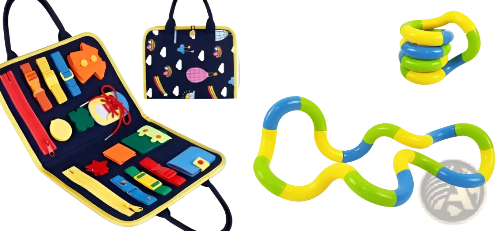Toddler busy board sensory felt learning toy with a colorful segmented fidget made of flexible yellow and blue plastic
