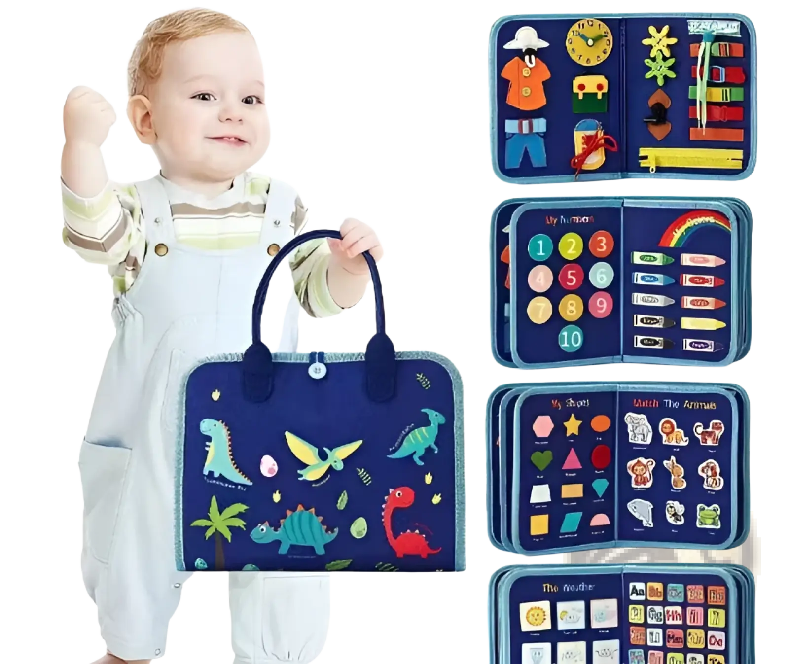 Blue fabric toddler busy board sensory felt learning toy with dinosaur and animal appliqués and interactive sections
