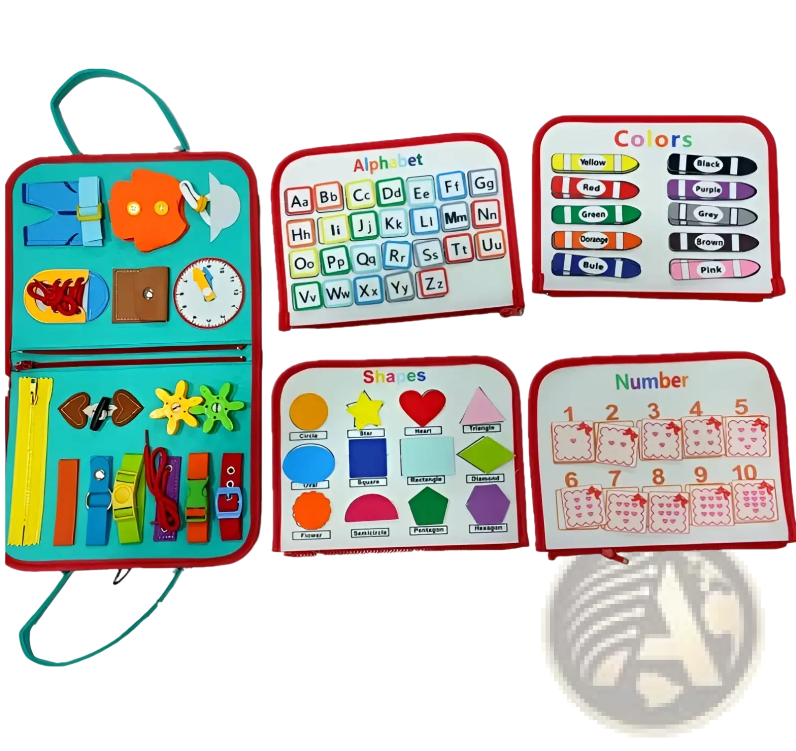 Teal and red fabric toddler busy board sensory felt learning toy with colorful letters numbers shapes and tactile objects