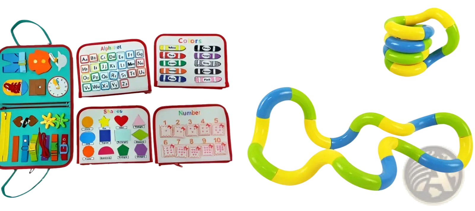 Toddler busy board sensory felt learning toy with brightly colored flexible plastic fidget segments in yellow green and blue