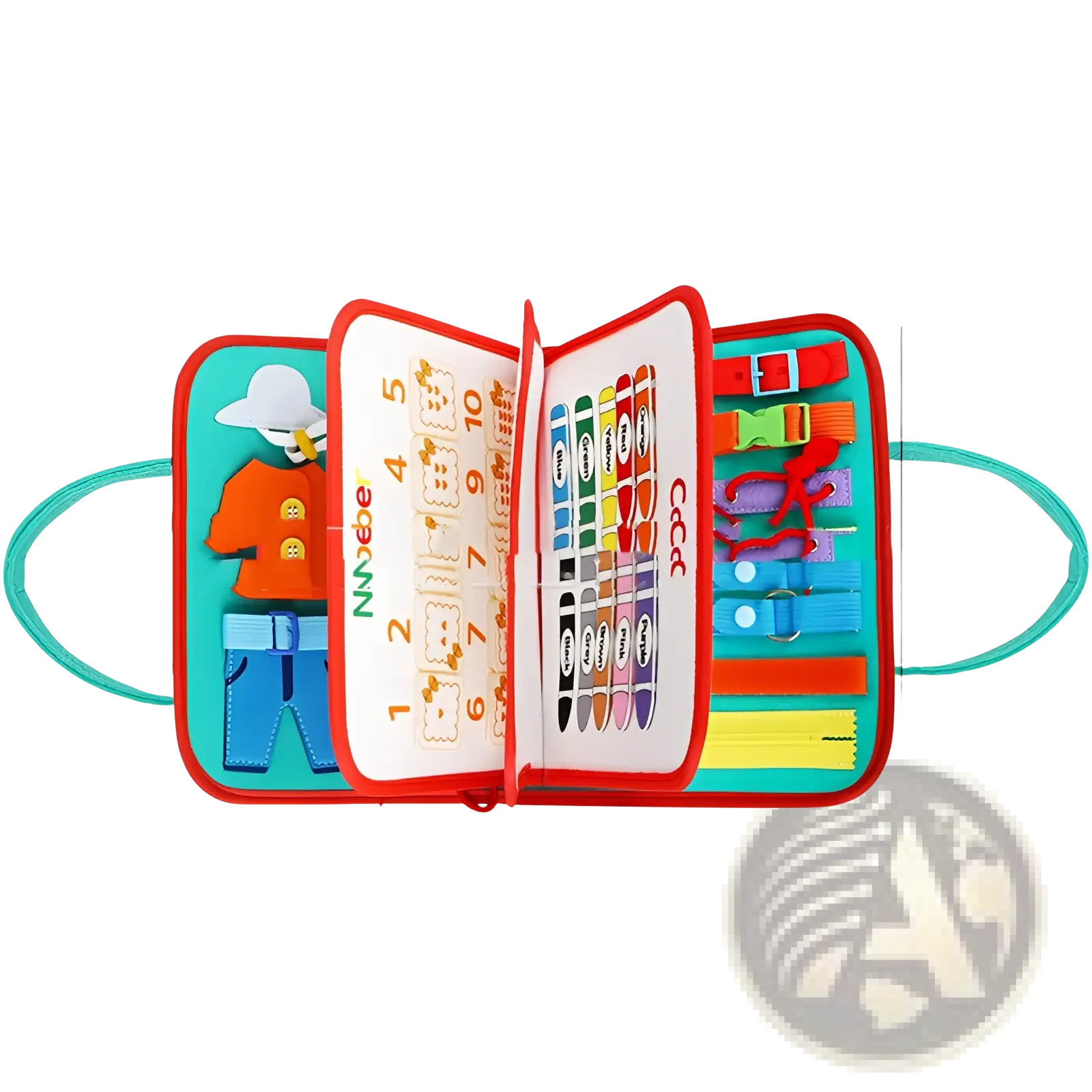 Colorful felt toddler busy board sensory learning toy with numbered pages crayons and fabric clothing pieces