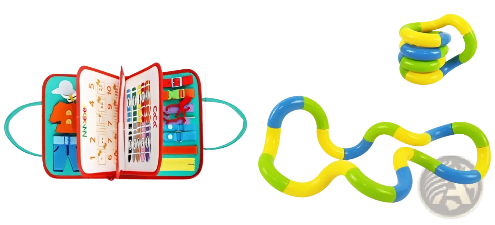 Colorful segmented plastic fidget toy with yellow and blue sections for toddler busy board sensory learning