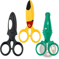 Toddler safety scissors craft set with three colorful plastic kids scissors shaped like a shark, toucan, and crocodile