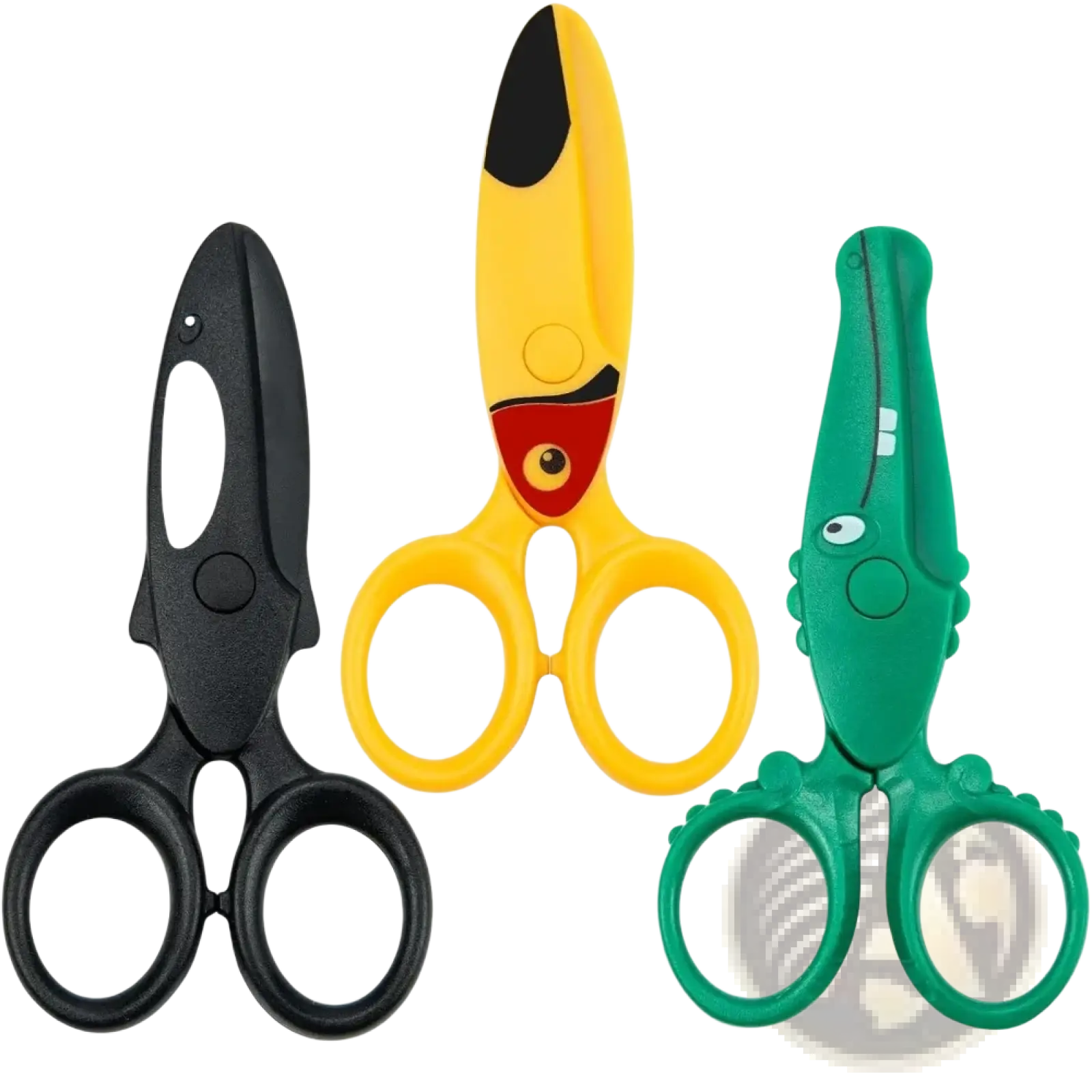 Toddler safety scissors craft set with three colorful plastic kids scissors shaped like a shark, toucan, and crocodile