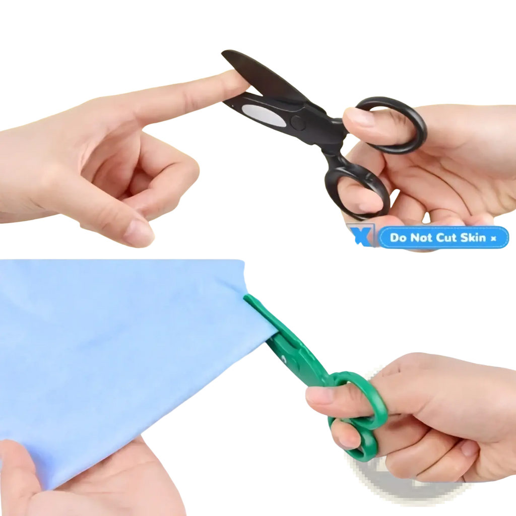 Toddler safety scissors craft set in black and green with child-safe rounded handles for fabric cutting