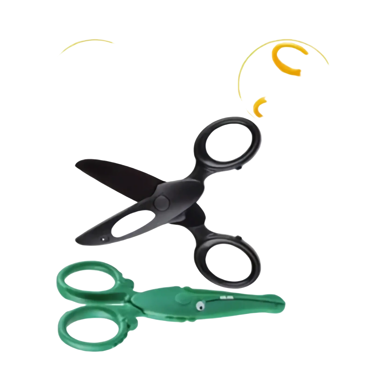 Toddler safety scissors craft set with black and green plastic blades and yellow duck head handles for children